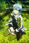  absurdres animedia blue_hair gloves gun highres ochiai_hitomi official_art pgm_hecate_ii rifle scan short_hair sinon sniper_rifle solo sword_art_online thighhighs weapon 