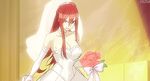  1girl animated animated_gif bare_shoulders bouquet breasts bridal_veil cleavage dress elbow_gloves erza_scarlet fairy_tail fairy_tail_houou_no_miko flower gloves large_breasts long_hair red_hair sword veil weapon wedding_dress white_dress 