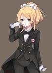  ayase_eli bad_id bad_pixiv_id biting blonde_hair blue_eyes boutonniere bow bowtie butler commentary_request female_butler flower formal glove_biting gloves highres love_live! love_live!_school_idol_project love_wing_bell nyoijizai ponytail solo suit tuxedo waistcoat 