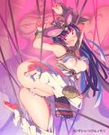  armor arms_up barefoot bdsm blush bondage bound bound_ankles bound_wrists breasts crotch_rope harem_gain headdress highres large_breasts long_hair looking_at_viewer magatama nipples open_mouth original pussy_juice red_eyes restrained rope solo sweat watermark zasha 
