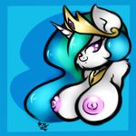  anthro anthrofied big_breasts blue_background breasts bust ep777 equine female friendship_is_magic fur hair hair_over_eye horn huge_breasts looking_at_viewer mammal multi-colored_hair my_little_pony nipples plain_background princess_celestia_(mlp) purple_eyes smile solo unicorn white_fur 