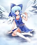  alternate_wings blue_dress blue_eyes blue_hair bow cirno collarbone dress food hair_bow ice ice_wings kneehighs looking_at_viewer popsicle rain_(icetuofei) saliva saliva_trail sash sexually_suggestive shirt short_sleeves sitting solo sparkle touhou white_legwear wings 