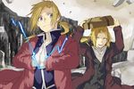  alphonse_elric blonde_hair brothers brown_eyes brown_hair coat conqueror_of_shambala debris edward_elric fullmetal_alchemist gloves lightning long_hair momomosae multiple_boys older ponytail robe siblings sketch smile suitcase vest yellow_eyes 