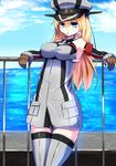  against_fence armband bare_shoulders bismarck_(kantai_collection) blonde_hair blue_eyes breasts dress fence grey_dress hat impossible_clothes impossible_dress kantai_collection large_breasts leaning long_hair open_mouth solo tenken_(gotannda) 