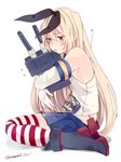  anchor_symbol animal_ears bunny_ears commentary_request elbow_gloves gloves highleg highleg_panties highres hug kantai_collection kuronyanko long_hair miniskirt panties platinum_blonde_hair pout purple_eyes rensouhou-chan shimakaze_(kantai_collection) sitting skirt solo striped striped_legwear thighhighs underwear 