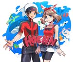  1girl backpack bag bike_shorts blue_eyes brown_hair fanny_pack flygon gardevoir gen_3_pokemon hair_ribbon haruka_(pokemon) hat holding_hands looking_at_viewer milotic mudkip obo open_mouth pokemon pokemon_(creature) pokemon_(game) pokemon_oras ribbon shirt sleeveless sleeveless_shirt smile torchic treecko wailord wingull wristband yuuki_(pokemon) 