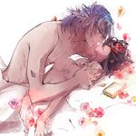  1girl bad_id bad_pixiv_id black_hair blue_hair boy_on_top breasts closed_eyes couple flower hair_flower hair_ornament hand_on_another's_shoulder hetero imminent_kiss kill_la_kill lying matoi_ryuuko medium_breasts mikisugi_aikurou naked_sheet on_back parted_lips petals poppy_(flower) shirtless suzuen topless 