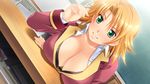  1girl blonde_hair blush bra breast_rest breasts cleavage desk game_cg green_eyes highres large_breasts looking_at_viewer lune mutsuura_rin revenge_room school_uniform short_hair sitting smile solo underwear yoko_juusuke 