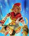  blonde_hair blue_eyes buckler cat_tail facial_mark final_fantasy final_fantasy_xi gloves hat mithra open_mouth pouch quot shield solo tail warhammer weapon white_mage 