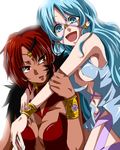  armlet bishoujo_senshi_sailor_moon blue_eyes blue_hair breasts commentary_request dark_skin earrings hug jewelry lipstick long_hair looking_at_another looking_at_viewer makeup maru_(092102040413) medium_breasts multiple_girls navel open_mouth red_eyes red_hair sailor_aluminum_seiren sailor_lead_crow simple_background smile star star_earrings sweatdrop white_background 