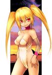  beach blonde_hair breasts choker detached_sleeves fang hand_on_thigh kamitsurugi_ouka leotard long_hair looking_at_viewer medium_breasts original red_eyes smile solo sunset twintails 