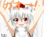  :3 animal_ears bare_shoulders blush check_translation fangs hat inubashiri_momiji looking_at_viewer open_mouth pom_pom_(clothes) red_eyes seiru_radiant short_hair silver_hair simple_background solo tokin_hat touhou translation_request white_background wolf_ears 