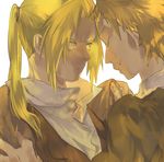  alphonse_heiderich blonde_hair blouse closed_eyes conqueror_of_shambala edward_elric face-to-face forehead-to-forehead frown fullmetal_alchemist hands_on_shoulders long_hair momomosae multiple_boys older ponytail serious short_hair smile yellow_eyes 