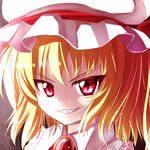  blonde_hair brooch close-up collared_shirt dei_(dirmu) evil_grin evil_smile fang flandre_scarlet grin hat jewelry looking_at_viewer lowres mob_cap red_eyes shirt short_hair smile solo touhou 