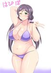  belly bikini breasts cleavage large_breasts long_hair looking_at_viewer love_live! love_live!_school_idol_project morisoba_(silent_hill) navel one_eye_closed plump purple_bikini purple_hair solo swimsuit toujou_nozomi twintails 