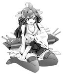  ahoge bare_shoulders blush detached_sleeves greyscale hair_ornament hairband headgear japanese_clothes kantai_collection kongou_(kantai_collection) long_hair looking_at_viewer miniskirt monochrome nontraditional_miko open_mouth pleated_skirt skirt smile solo thighhighs tk_(takotsuboya) 