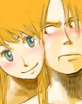  1girl bad_id bad_pixiv_id blonde_hair blue_eyes blush cheek-to-cheek couple edward_elric frown fullmetal_alchemist hetero long_hair looking_at_another sitc smile traditional_media winry_rockbell yellow_eyes 