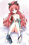  aikawa_ryou black_panties blush bottomless bow breasts collarbone food hair_bow head_tilt jacket long_hair mahou_shoujo_madoka_magica mouth_hold nipples no_bra open_clothes open_jacket panties panties_around_one_leg pocky red_eyes red_hair sakura_kyouko shorts shorts_around_one_leg side-tie_panties sitting small_breasts smile solo underwear very_long_hair 