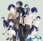  alternate_costume blue_eyes blue_hair digital_media_player evoker food gun gun_to_head hair_over_one_eye headphones holding holding_gun holding_weapon ice_cream jack_frost japanese_clothes male_focus mentaishi persona persona_3 pyro_jack school_uniform shadow_(persona) short_hair swimsuit weapon younger yuuki_makoto 