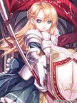  :o armor armored_dress bad_id bad_pixiv_id blonde_hair blue_eyes capriccio flag gauntlets knight long_hair looking_at_viewer open_mouth original polearm shield solo spear weapon 