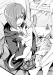  :d absurdres barefoot black_hoodie bob_cut cat cat_on_lap chicke_iii commentary darling_in_the_franxx dress_shirt from_above highres holding holding_cat hood hoodie ichigo_(darling_in_the_franxx) monochrome multiple_cats necktie open_mouth plaid plaid_skirt playing_with_another&#039;s_hair shirt short_hair sitting skirt smile striped striped_neckwear 