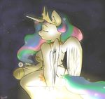  anthro anthrofied butt cutie_mark equine eyelashes eyes_closed female friendship_is_magic fur glowing hair hi_res horn long_hair mammal multi-colored_hair my_little_pony outside princess_celestia_(mlp) solo venauva white_fur winged_unicorn wings 