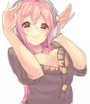  blush breasts cleavage hair_between_eyes headphones large_breasts long_hair nitroplus pink_hair red_eyes simple_background smile solo super_sonico upper_body white_background yoo_(tabi_no_shiori) 