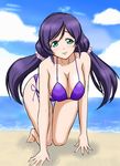  1girl all_fours beach bikini blue_eyes breasts cleavage female hair_ornament hanging_breasts highres large_breasts long_hair long_twintails love_live!_school_idol_project nyantamaran ocean outdoors purple_bikini purple_hair purple_swimsuit solo summer swimsuit thigh_gap toujou_nozomi twintails wide_hips width_hips 