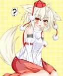  ? ahoge animal_ears bare_shoulders blush breasts detached_sleeves fang hat highres inubashiri_momiji looking_at_viewer medium_breasts open_mouth orange_eyes pom_pom_(clothes) reddo9 short_hair silver_hair sitting solo speech_bubble spoken_question_mark tail tokin_hat touhou wariza wolf_ears wolf_tail 