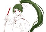  1girl 3four closed_mouth copyright_request green_hair long_hair looking_at_viewer red_eyes simple_background sketch solo sword weapon white_background 