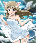  :d ahoge animal_ears bare_shoulders blue_eyes blush breasts brown_hair cat_ears choker cleavage collarbone day dress hair_down long_hair lynette_bishop medium_breasts open_mouth outdoors skirt_hold smile solo spaghetti_strap strike_witches sundress tail tokiani water white_dress world_witches_series 