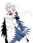  apron arm_belt arm_blade belt bow braid combat_knife hair_bow hair_ribbon highres izayoi_sakuya knife maid maid_headdress red_eyes ribbon short_hair silver_hair solo touhou twin_braids versapro weapon 