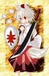  animal_ears bare_shoulders blush detached_sleeves fang hat inubashiri_momiji looking_at_viewer looking_back pom_pom_(clothes) red_eyes reddo9 sarashi shield short_hair silver_hair solo sword tail tokin_hat touhou weapon wolf_ears wolf_tail 