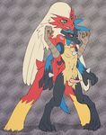  balls black_fur blaziken blue_eyes blue_fur breasts domination duo female female_domination fur half-closed_eyes looking_back lucario male nintendo open_mouth penis pok&#233;mon pok&eacute;mon red_eyes red_fur shmutz-art smile spikes teeth tongue video_games yellow_fur 