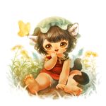  animal_ears bare_legs barefoot bloomers brown_hair butterfly_on_head cat_ears cat_tail chen colored_pencil_(medium) daisy eyelashes feet flower full_body graphite_(medium) grass hand_on_own_face hat legs_apart looking_at_viewer mob_cap multiple_tails no_pants open_mouth orange_eyes short_hair short_sleeves simple_background soles solo souri tail toes touhou traditional_media underwear white_background younger 