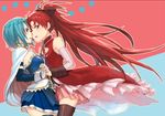  armband belt blue_eyes blue_hair bow cape fang fukutarou_(enji127) gloves hair_bow holding_hands interlocked_fingers long_hair magical_girl mahou_shoujo_madoka_magica miki_sayaka multiple_girls one_eye_closed ponytail red_eyes red_hair sakura_kyouko short_hair soul_gem thighhighs very_long_hair yuri zettai_ryouiki 