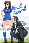  1girl 2014_fifa_world_cup animal_ears black_hair breasts cesare_prandelli coach commentary federica_n_doglio italian italian_flag italy medium_breasts necktie panties real_life shiny shiny_skin shoes soccer soccer_uniform sportswear tail translated underwear vt watch world_cup world_witches_series 