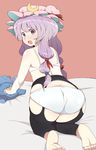  ass bad_id bad_pixiv_id bow bra crescent crescent_hair_ornament from_behind garter_belt hair_bow hair_ornament hat highres long_hair panties patchouli_knowledge purple_eyes purple_hair solo stuffed_animal stuffed_toy thighhighs touhou tsukigi underwear white_bra white_panties 