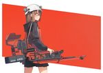  astg brown_eyes brown_hair glasses helmet highres hood hood_down hoodie machine mecha_musume original personification red red-framed_eyewear short_hair skirt solo 