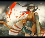  arrow blurry bow_(weapon) brown_hair hachimaki headband hiryuu_(kantai_collection) holding japanese_clothes kantai_collection one_side_up remodel_(kantai_collection) short_hair sketch smoke solo tansuke weapon yellow_eyes 