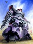  blue_sky cloud day dom dopp from_below gun gundam machine_gun mecha mobile_suit_gundam mountain no_humans signature sky solo_focus taedu weapon 