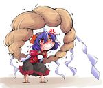  anger_vein blush clenched_teeth hair_ornament highres purple_hair red_eyes rope shimenawa shinapuu short_hair solo teeth touhou yasaka_kanako 