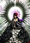  akemi_homura akuma_homura argyle argyle_legwear bad_id bad_pixiv_id bare_shoulders black_gloves black_hair black_wings bow choker corpse death dress elbow_gloves evil_smile feathered_wings feathers flower full_body gloves hair_bow halo high_heels highres jewelry kaijin_fukufuku kyubey long_hair looking_at_viewer mahou_shoujo_madoka_magica mahou_shoujo_madoka_magica_movie parted_lips pointy_ears purple_eyes ring shaded_face sitting smile spider_lily spoilers thighhighs wings zettai_ryouiki 