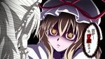  age_conscious black_background blonde_hair bow commentary d-frag! glowing glowing_eyes hair_bow hair_tubes hakurei_reimu hat long_hair multiple_girls parody ribbon staring ten'yoku touhou translated yakumo_yukari yellow_eyes 