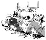  akiyama_yukari dirty german girls_und_panzer greyscale hat hiding jacket looking_at_viewer military military_uniform monochrome multiple_girls nishizumi_miho ooarai_military_uniform panzerfaust ranguage short_hair tk_(takotsuboya) translated trench_coat uniform war world_war_ii 