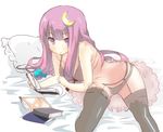  1girl alternate_costume black_legwear book bow bra breasts cl_(h-sys.) colored crescent crescent_hair_ornament dress frills hair_bow hair_ornament lingerie long_hair looking_at_viewer lying medium_breasts no_hat no_headwear on_bed on_side open_book panties patchouli_knowledge pillow purple_eyes purple_hair see-through simple_background sketch sleeveless solo thighhighs touhou underwear underwear_only white_background 