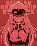  bismarck_(kantai_collection) breasts crossed_arms detached_sleeves hat highres kantai_collection large_breasts long_hair looking_at_viewer military military_hat military_uniform monochrome oota_yuuichi peaked_cap red_background shaded_face simple_background smile solo uniform 