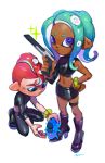  1boy 1girl aqua_hair ayumi_(830890) black_footwear black_pants blue_eyes boots closed_mouth conductor_namako dark_skin full_body hand_on_hip high_heel_boots high_heels highres holding horizontal_pupils legs_apart long_hair long_sleeves mohawk n-zap_(splatoon) navel octarian octoling open_mouth pants purple_eyes red_hair sea_cucumber short_hair signature simple_background single_sleeve sparkle splatoon splatoon_(series) splatoon_2 splatoon_2:_octo_expansion standing suction_cups tentacle_hair white_background wristband zipper zipper_pull_tab 