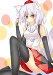  :&lt; absurdres animal_ears bare_shoulders black_legwear blush breasts fingerless_gloves gloves hat highres inubashiri_momiji looking_at_viewer medium_breasts pom_pom_(clothes) red_eyes reddo9 short_hair silver_hair sitting solo tail thighhighs tokin_hat touhou wolf_ears wolf_tail 