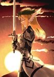  armor blonde_hair breastplate closed_eyes cloud dungeons_and_dragons faintxp from_side gauntlets head_wings head_wreath highres knight long_hair original paladin profile solo sunset sword weapon 